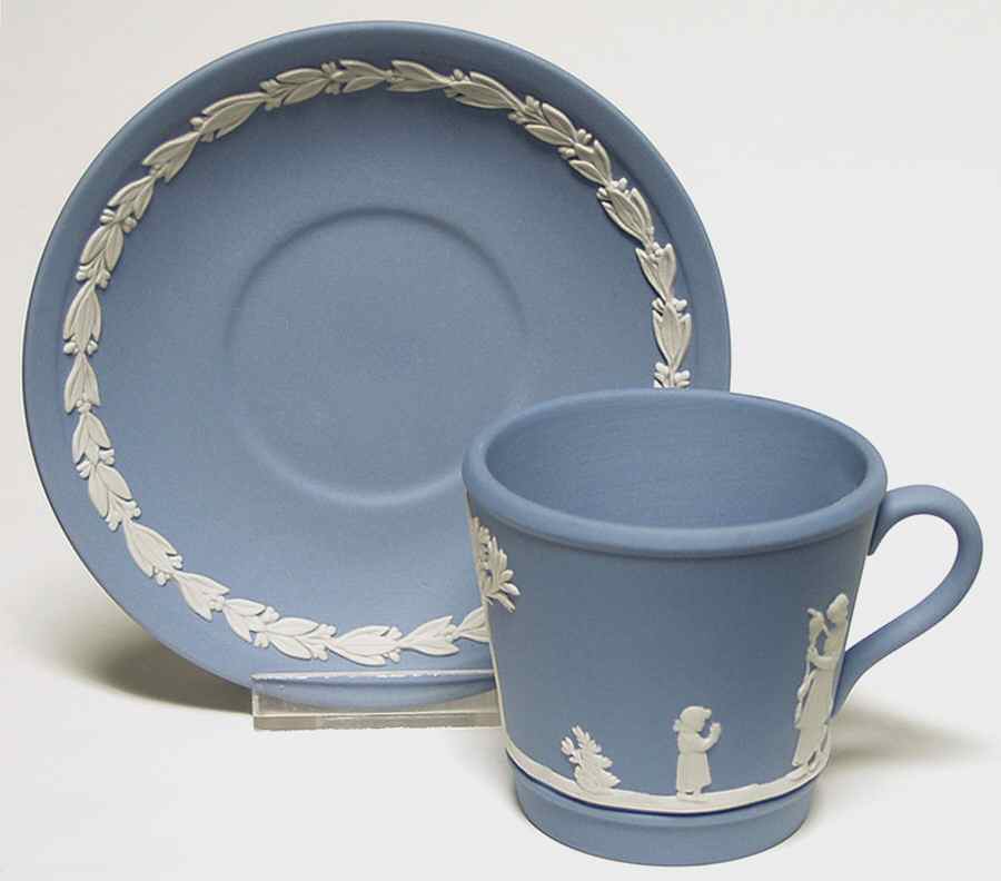 Cream Color on Lavender (Pale Blue) Jasperware Brewster Flat Cup & Saucer Set by Wedgwood-1