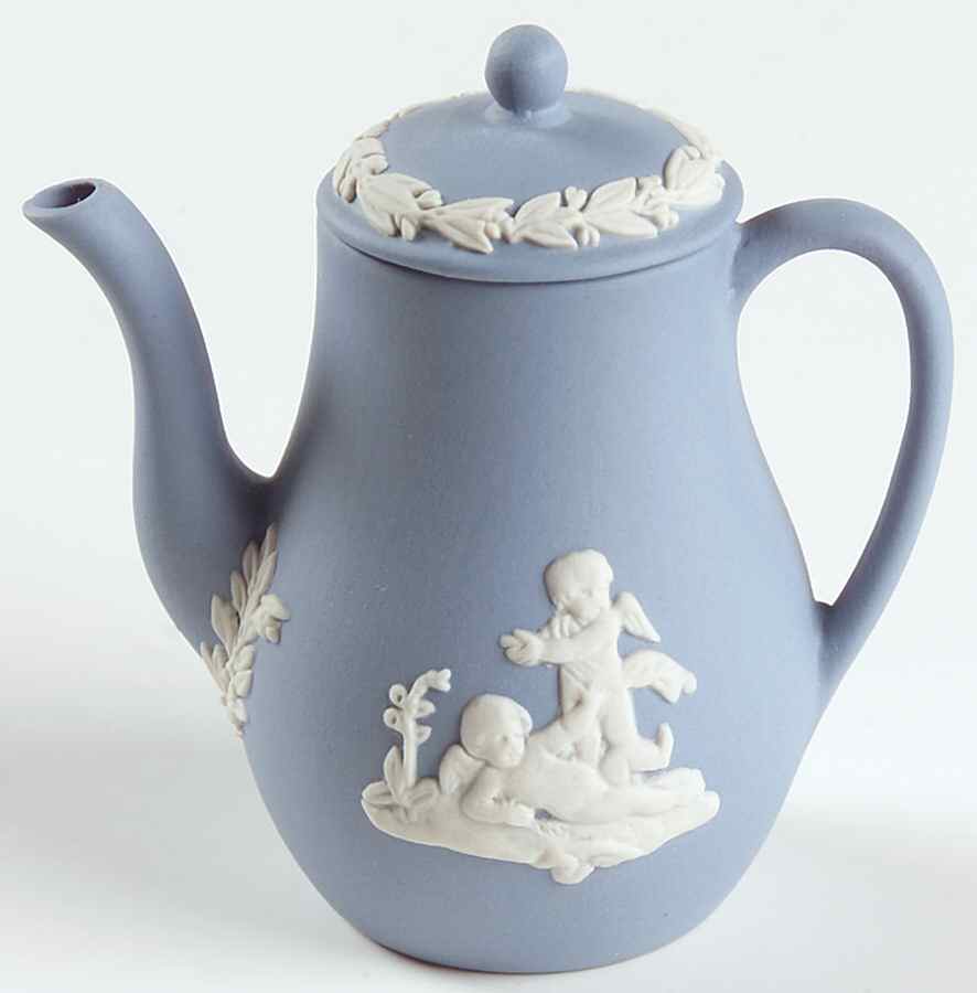 Cream Color on Lavender (Pale Blue) Jasperware Miniature Coffee Pot & Lid by Wedgwood-1