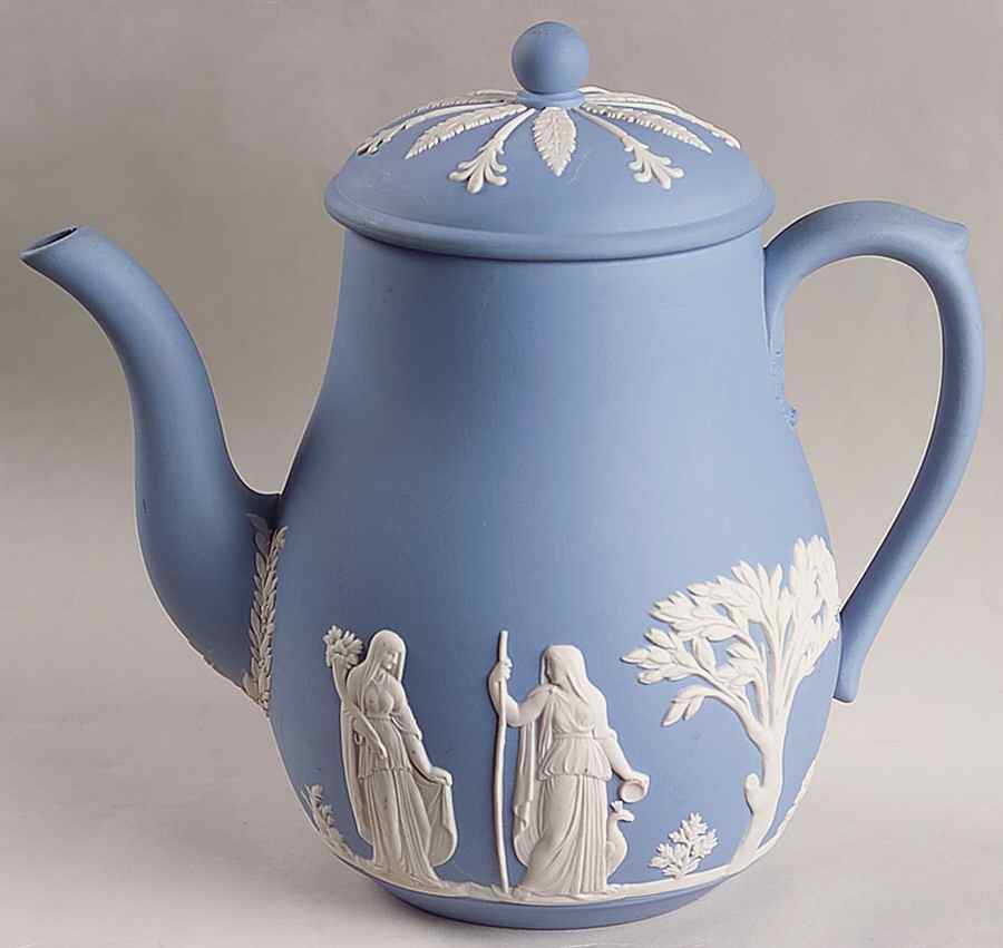 Cream Color on Lavender (Pale Blue) Jasperware Coffee Pot & Lid by Wedgwood-1