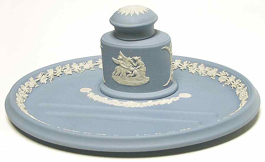 Cream Color on Lavender (Pale Blue) Jasperware Ink Pot with Lid and Ink Underplate by Wedgwood-1