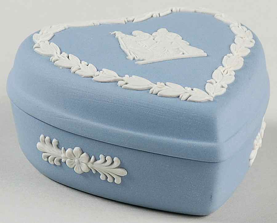 Cream Color on Lavender (Pale Blue) Jasperware Small Heart Shape Box & Lid by Wedgwood-1