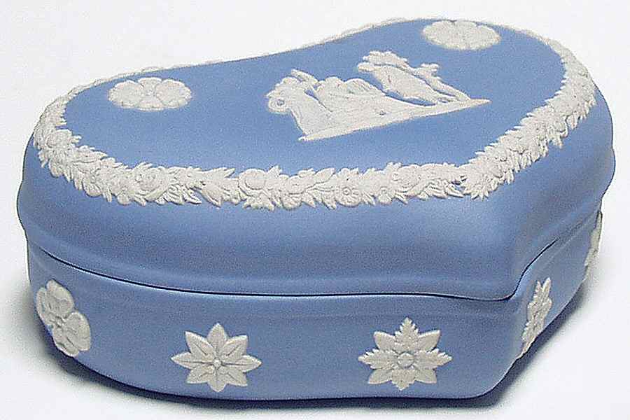 Cream Color on Lavender (Pale Blue) Jasperware 5" Heart Shape Box & Lid by Wedgwood-1