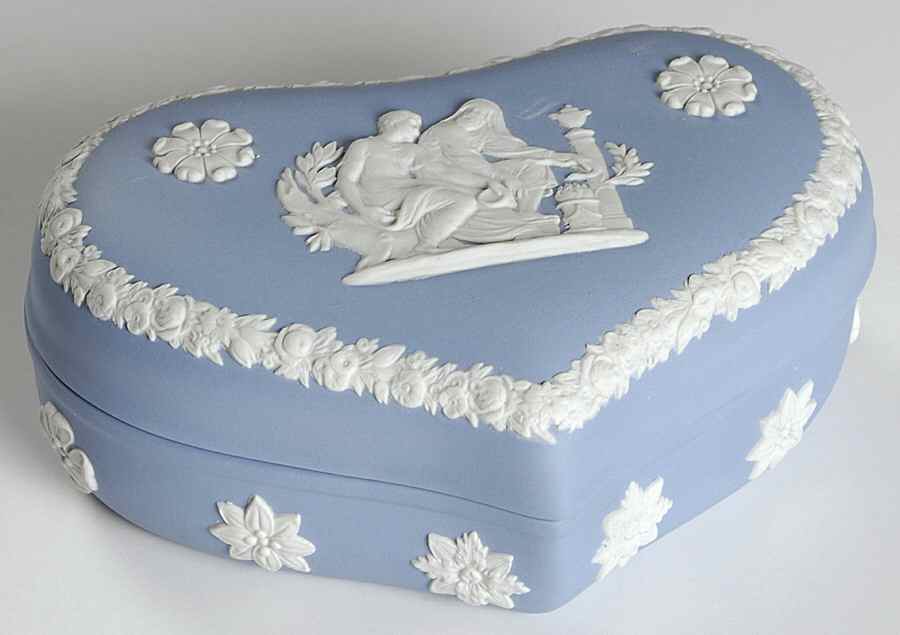 Cream Color on Lavender (Pale Blue) Jasperware 5" Heart Shape Box & Lid by Wedgwood-1