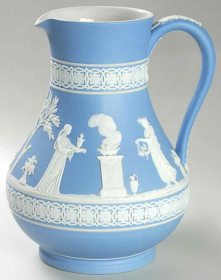 Cream Color on Lavender (Pale Blue) Jasperware 7" Etruscan Jug by Wedgwood-1