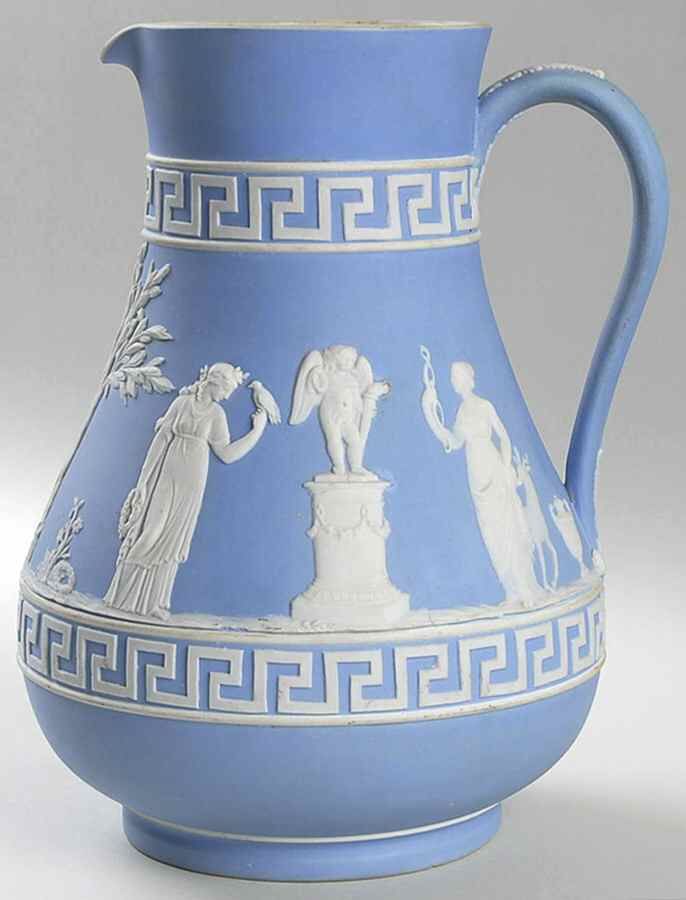 Cream Color on Lavender (Pale Blue) Jasperware 9" Etruscan Jug by Wedgwood-1
