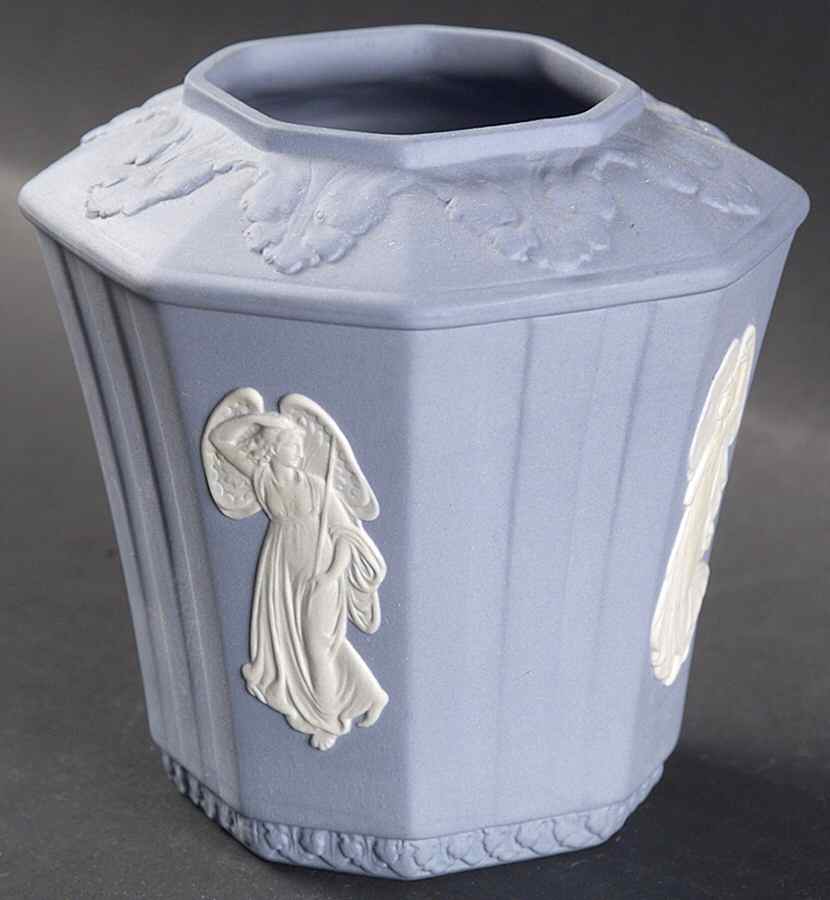 Cream Color on Lavender (Pale Blue) Jasperware Posey Pot-Octagonal by Wedgwood-1