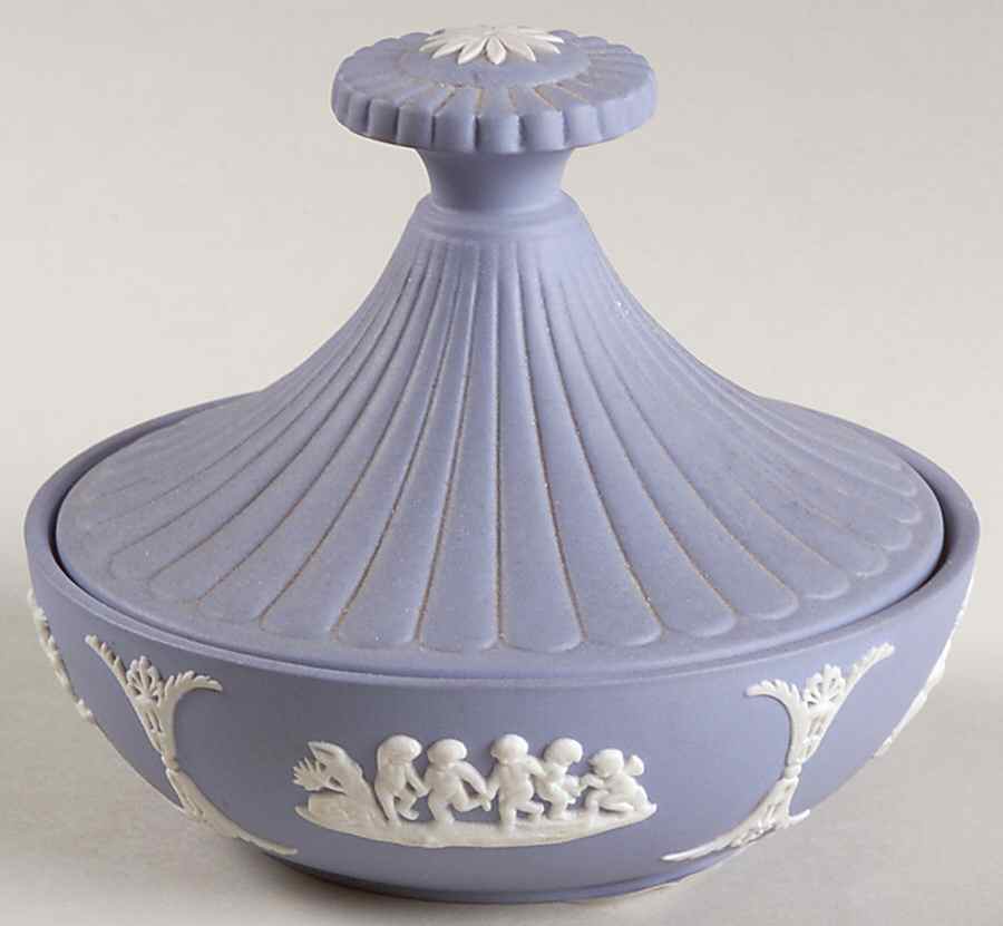 Cream Color on Lavender (Pale Blue) Jasperware Powder Box with Lid by Wedgwood-1