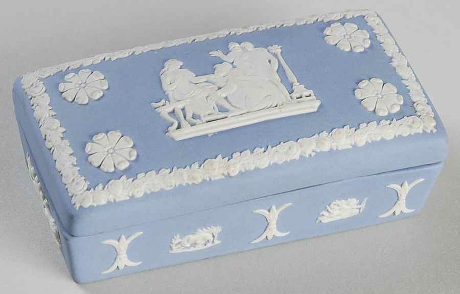 Cream Color on Lavender (Pale Blue) Jasperware 3" Rectangular Box & Lid by Wedgwood-1