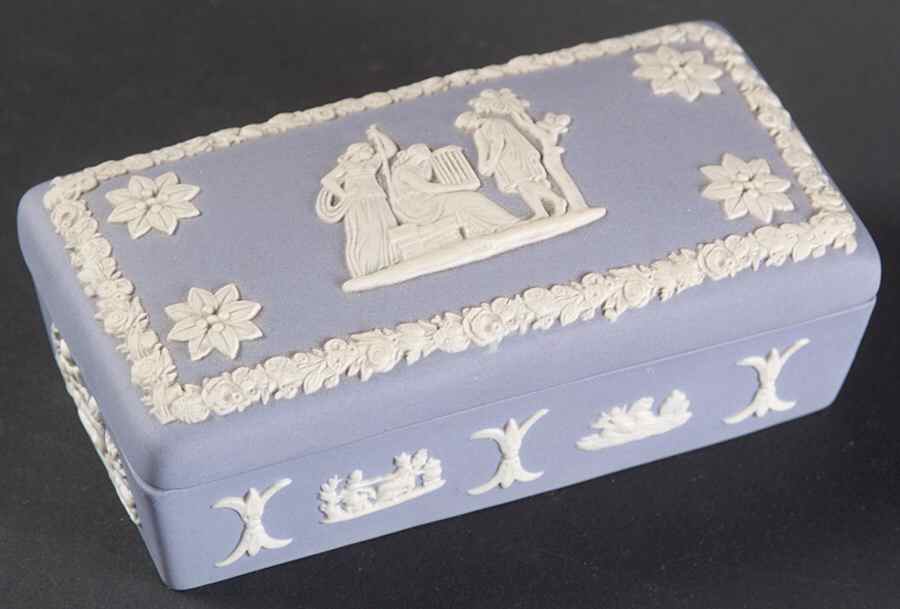 Cream Color on Lavender (Pale Blue) Jasperware 3" Rectangular Box & Lid by Wedgwood-1