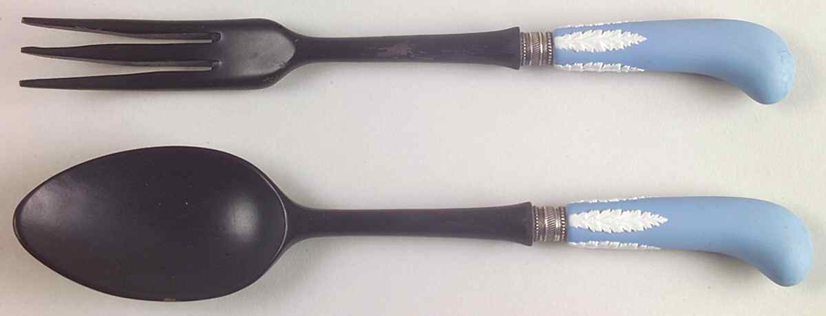 Cream Color on Lavender (Pale Blue) Jasperware 2-Piece Wood/Ceramic Salad Set by Wedgwood-1