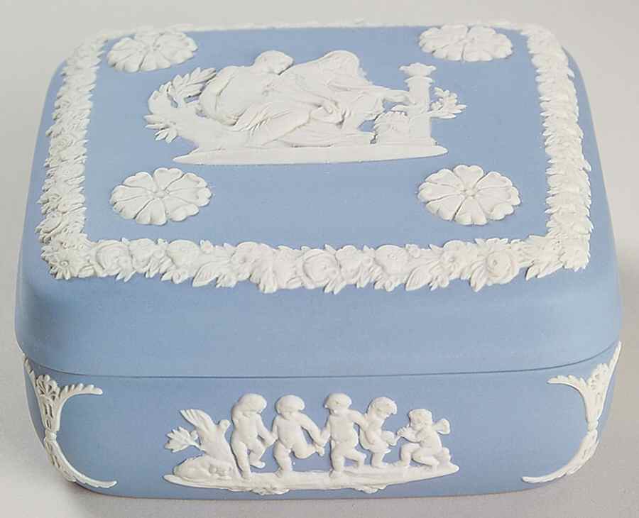 Cream Color on Lavender (Pale Blue) Jasperware Square Box with Lid by Wedgwood-1