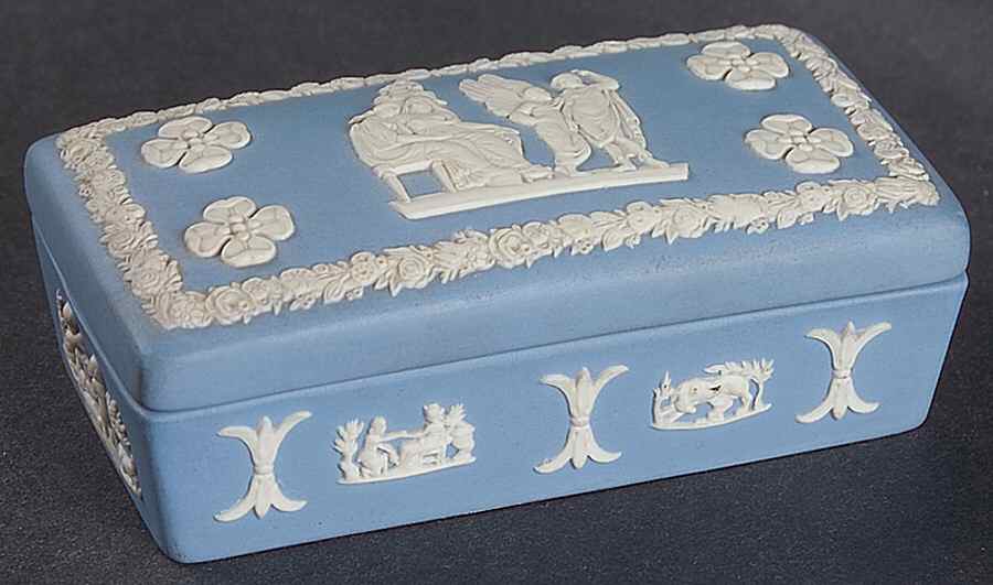 Cream Color on Lavender (Pale Blue) Jasperware 3" Rectangular Box & Lid by Wedgwood-1