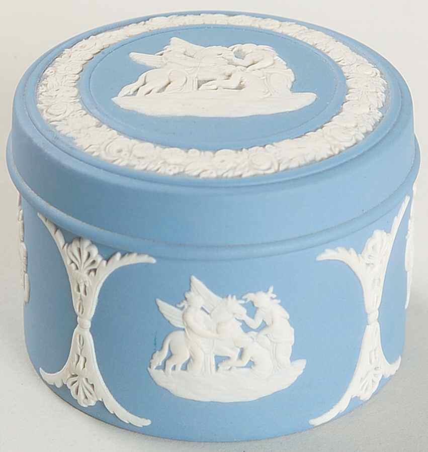 Cream Color on Lavender (Pale Blue) Jasperware 2" Round Box & Lid by Wedgwood-1