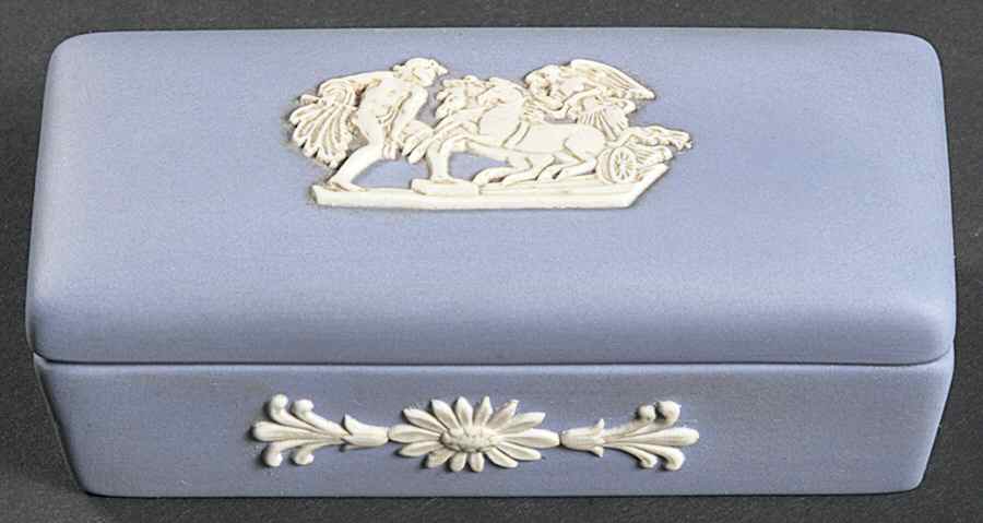 Cream Color on Lavender (Pale Blue) Jasperware 3" Rectangular Box & Lid by Wedgwood-1