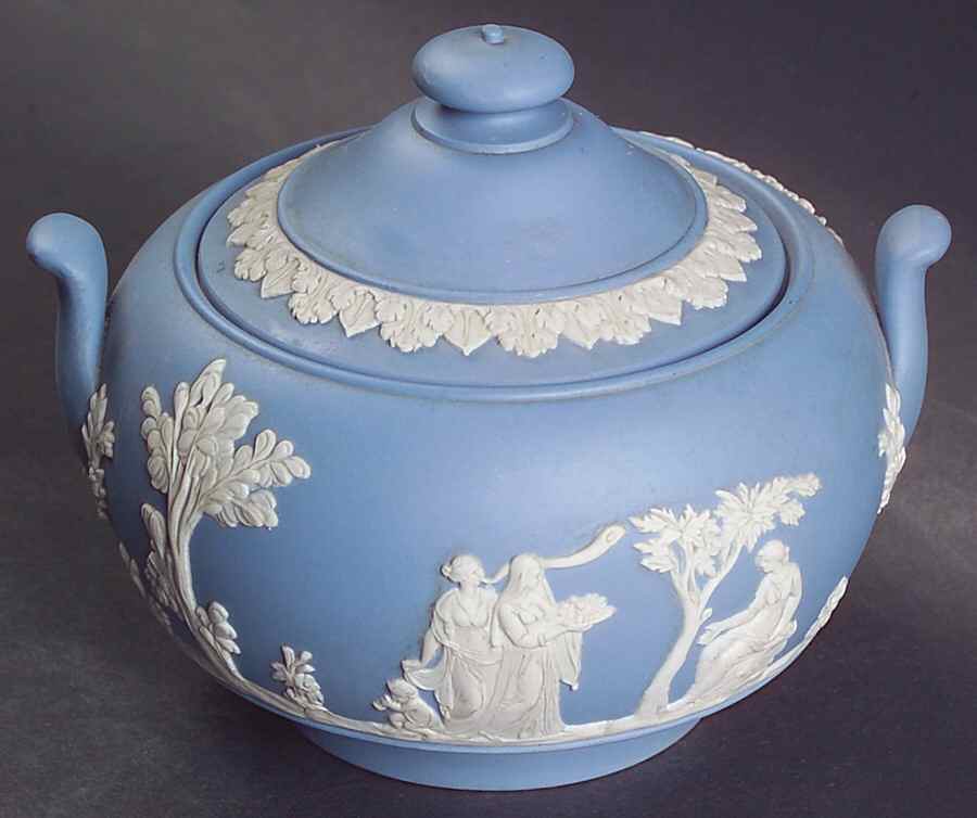 Cream Color on Lavender (Pale Blue) Jasperware Sugar Bowl & Lid by Wedgwood-1