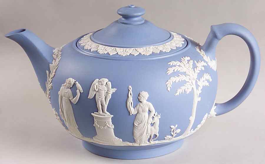 Cream Color on Lavender (Pale Blue) Jasperware Teapot & Lid by Wedgwood-1
