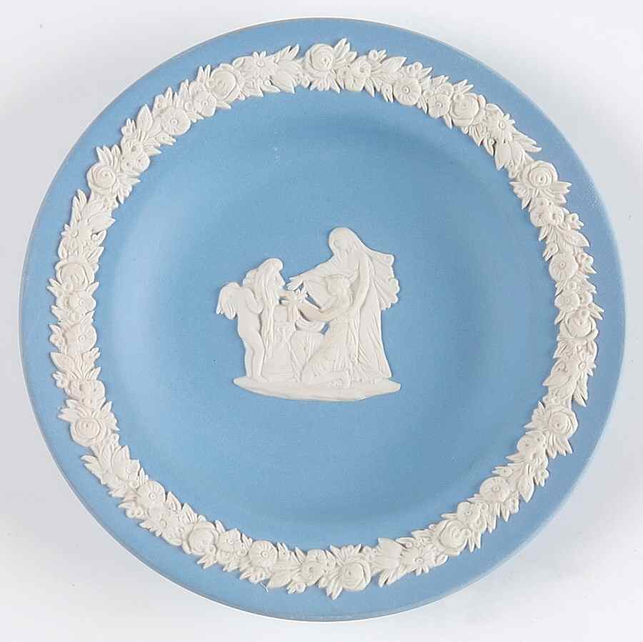 Cream Color on Lavender (Pale Blue) Jasperware 4" Round Tray by Wedgwood-1