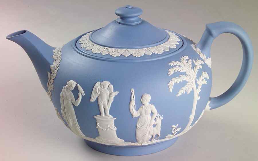 Cream Color on Lavender (Pale Blue) Jasperware Mini Teapot & Lid by Wedgwood-1