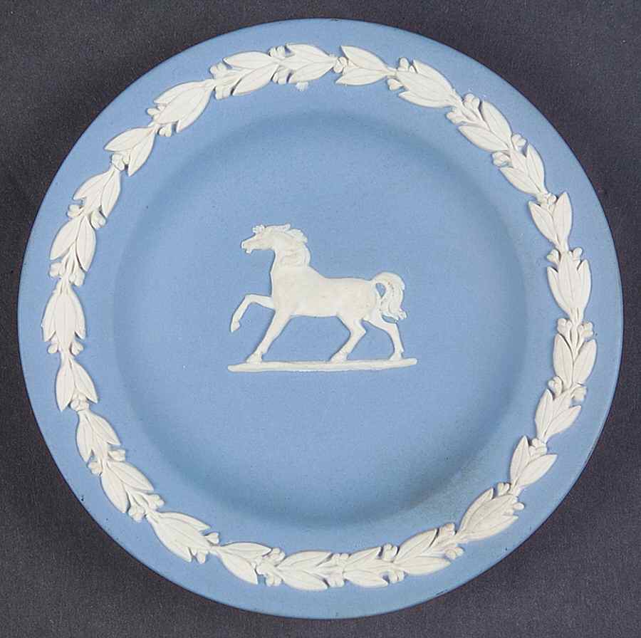 Cream Color on Lavender (Pale Blue) Jasperware Horse Round Tray by Wedgwood-1