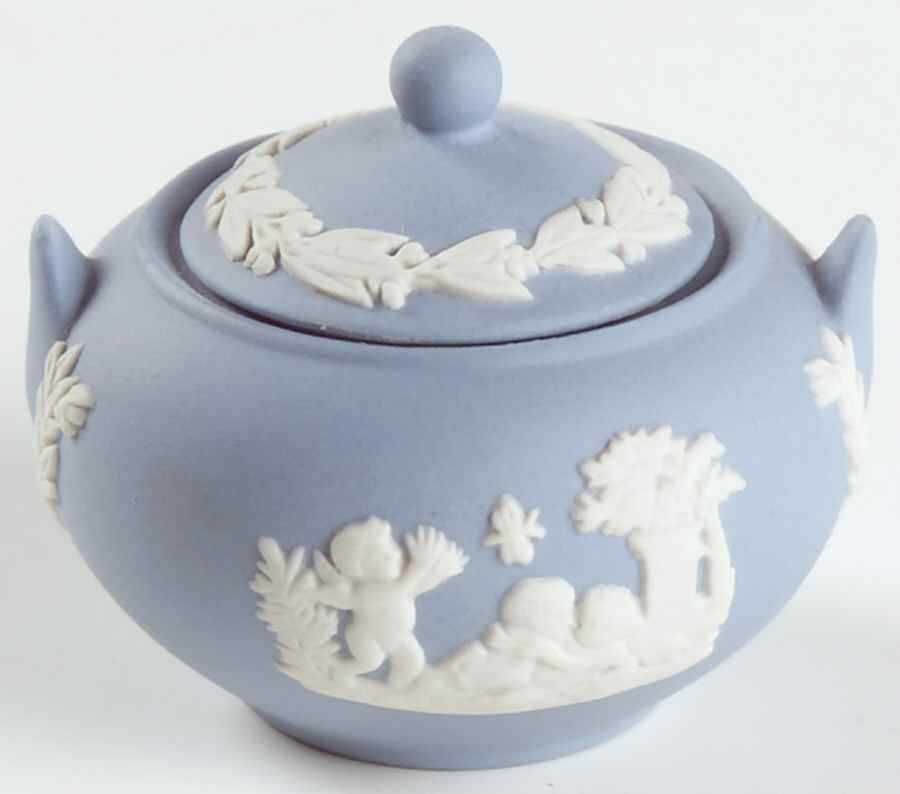 Cream Color on Lavender (Pale Blue) Jasperware Miniature Sugar Bowl & Lid by Wedgwood-1