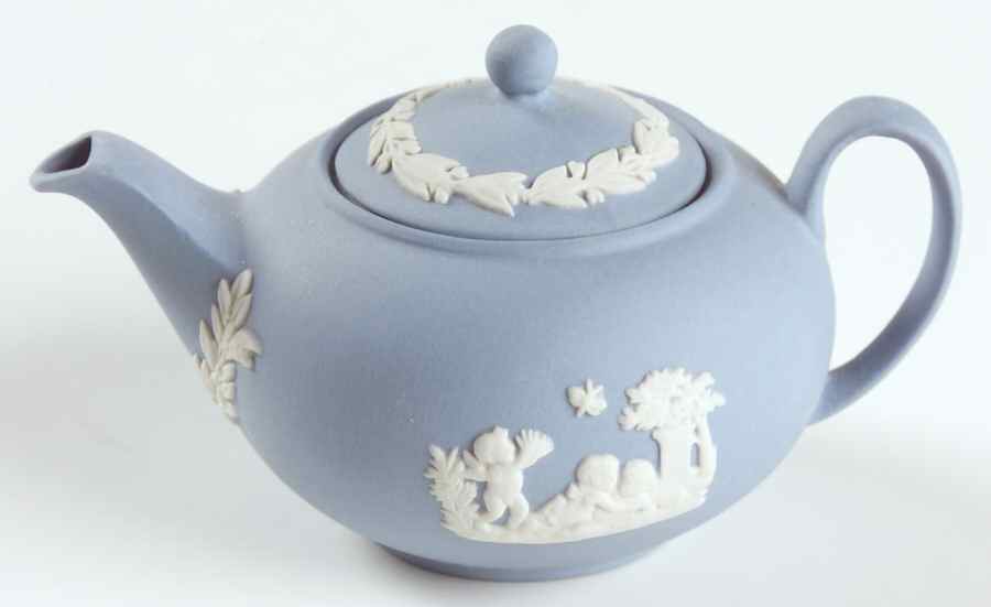 Cream Color on Lavender (Pale Blue) Jasperware Miniature Teapot & Lid by Wedgwood-1