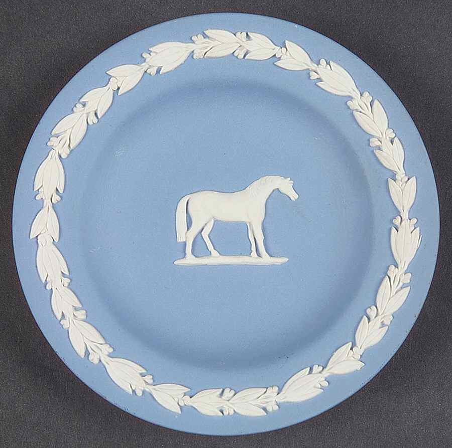 Cream Color on Lavender (Pale Blue) Jasperware Horse Round Tray by Wedgwood-1