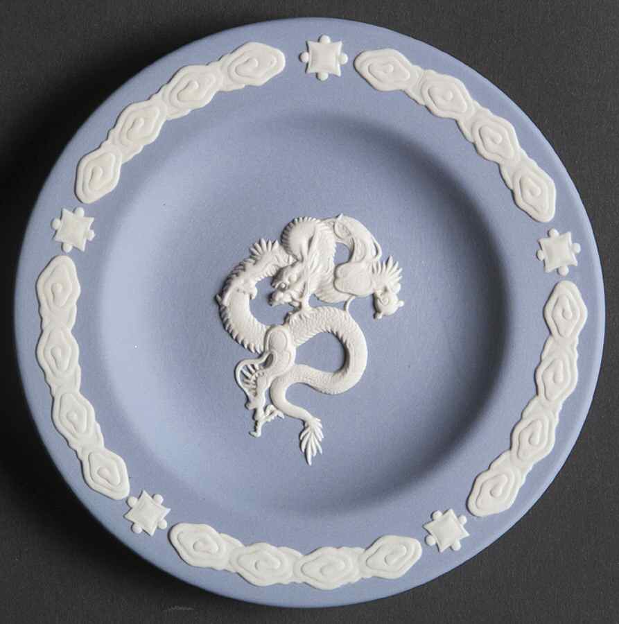 Cream Color on Lavender (Pale Blue) Jasperware Animal Round Tray by Wedgwood-1