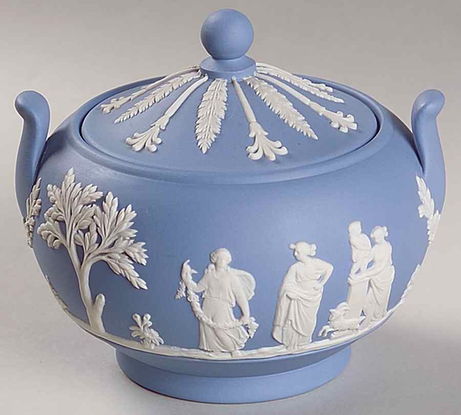 Cream Color on Lavender (Pale Blue) Jasperware Sugar Bowl & Lid by Wedgwood-1