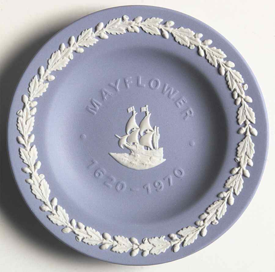 Cream Color on Lavender (Pale Blue) Jasperware 4" Round Tray by Wedgwood-1