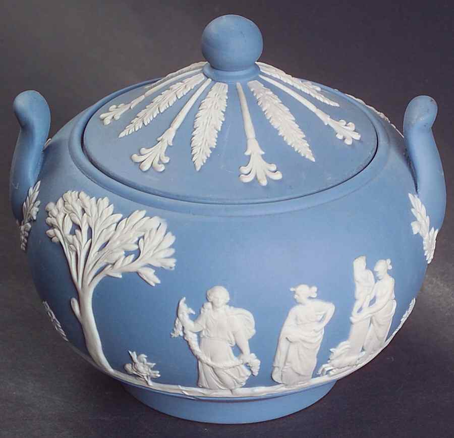 Cream Color on Lavender (Pale Blue) Jasperware Sugar Bowl & Lid by Wedgwood-1