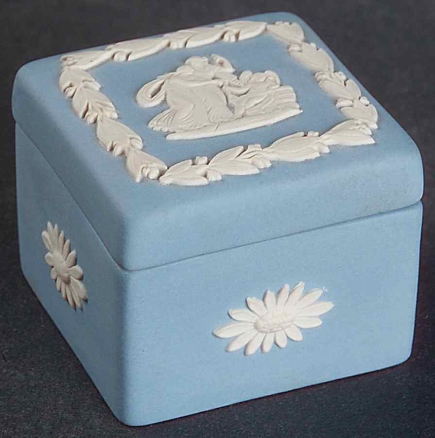 Cream Color on Lavender (Pale Blue) Jasperware Square Box with Lid by Wedgwood-1