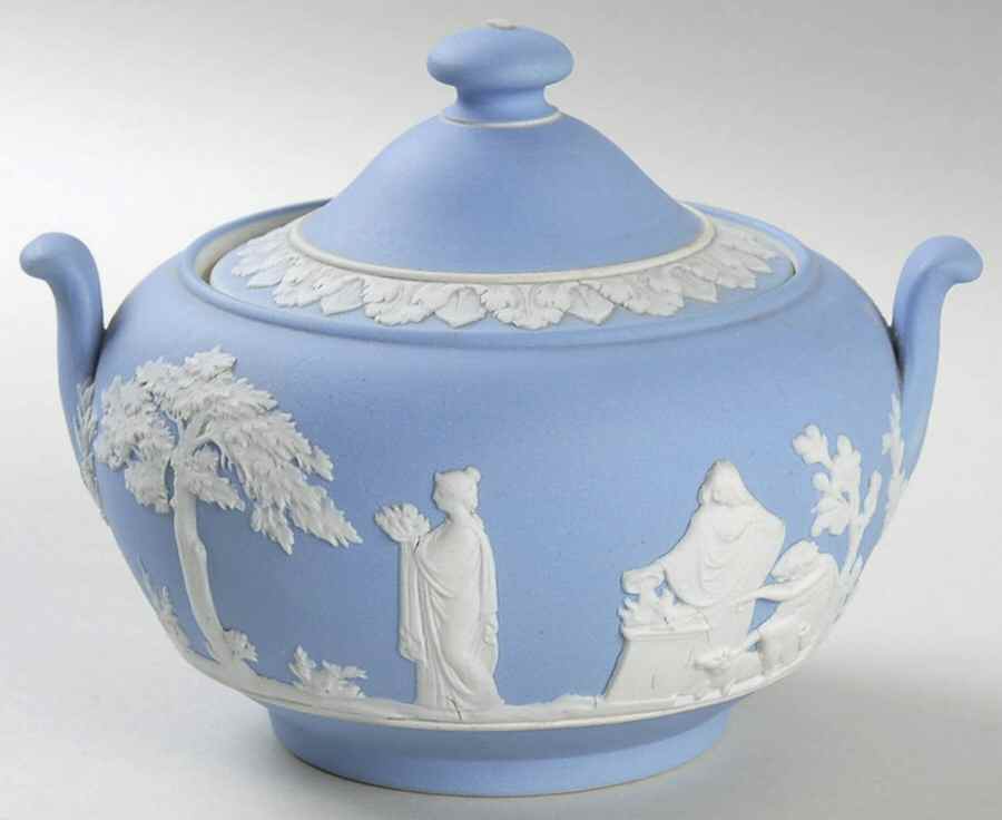 Cream Color on Lavender (Pale Blue) Jasperware Sugar Bowl & Lid by Wedgwood-1