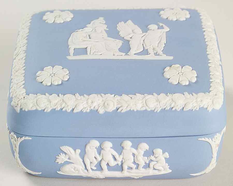 Cream Color on Lavender (Pale Blue) Jasperware Square Box with Lid by Wedgwood-1