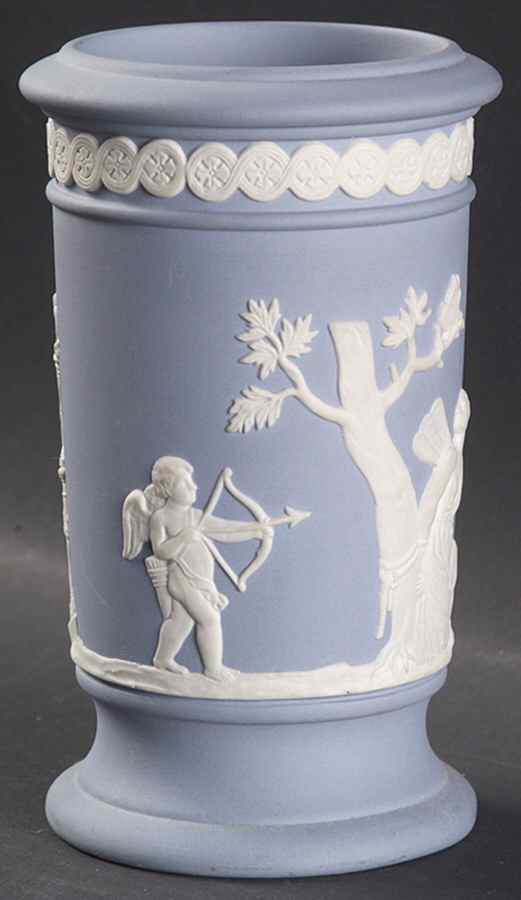 Cream Color on Lavender (Pale Blue) Jasperware Cylindrical Apollo Vase by Wedgwood-1