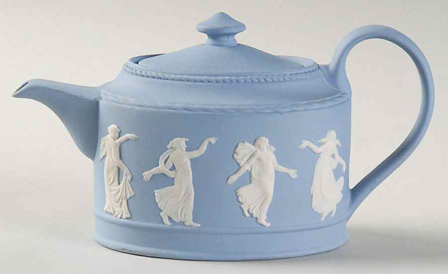 Cream Color on Lavender (Pale Blue) Jasperware Mini Teapot & Lid by Wedgwood-1