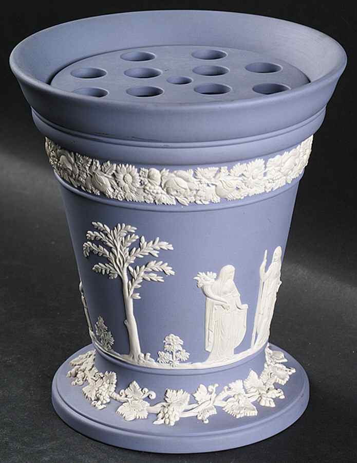 Cream Color on Lavender (Pale Blue) Jasperware Large Frog Vase with Grid by Wedgwood-1