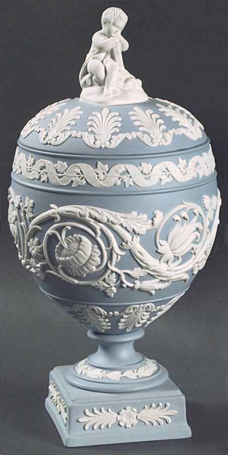 Cream Color on Lavender (Pale Blue) Jasperware Arabesque Vase with Lid by Wedgwood-1