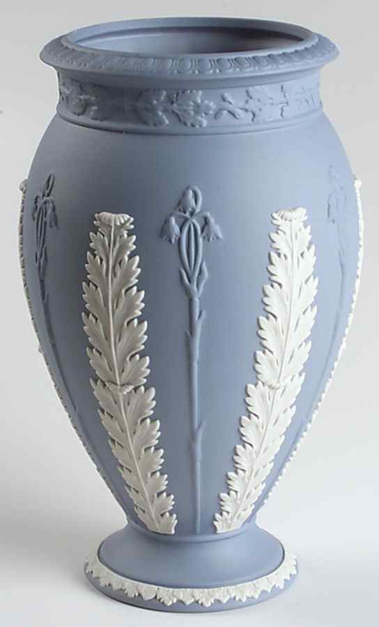 Cream Color on Lavender (Pale Blue) Jasperware 8" Acanthus Vase W/No Dancing by Wedgwood-1