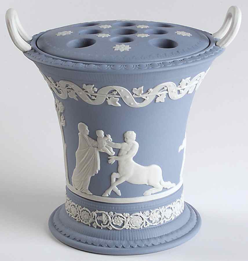 Cream Color on Lavender (Pale Blue) Jasperware 6" Handled Vase W/Grid/Frog by Wedgwood-1