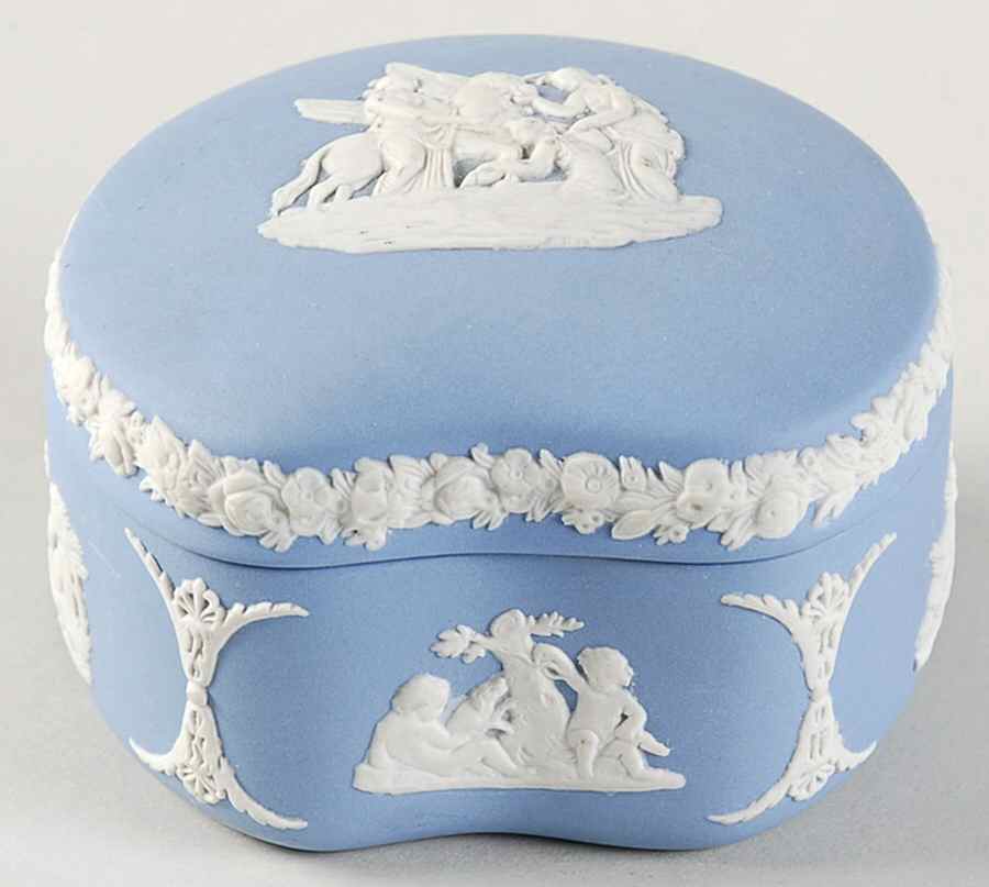 Cream Color on Lavender (Pale Blue) Jasperware Bean Box & Lid by Wedgwood-1