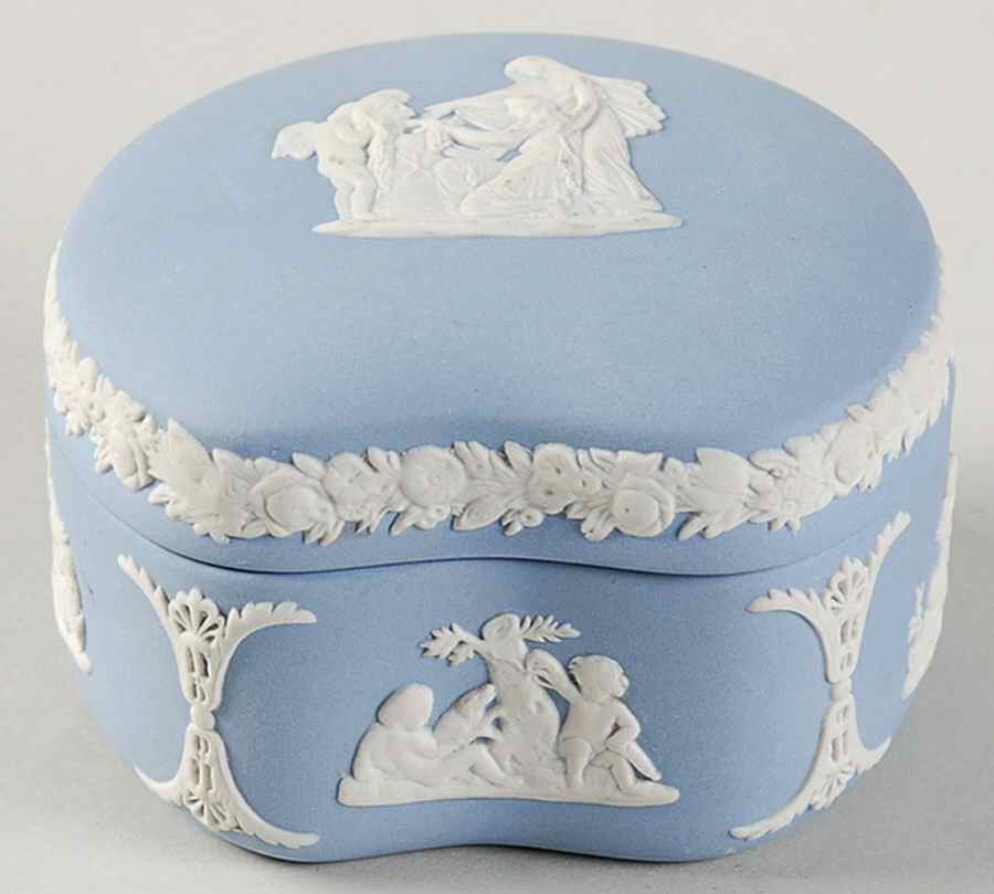Cream Color on Lavender (Pale Blue) Jasperware Bean Box & Lid by Wedgwood-1