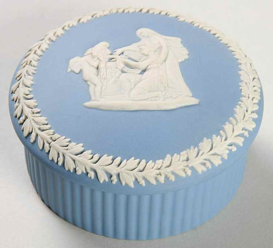 Cream Color on Lavender (Pale Blue) Jasperware 2" Round Fluted Box & Lid by Wedgwood-1