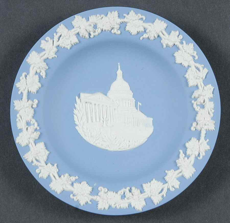 Cream Color on Lavender (Pale Blue) Jasperware Round Landmark Tray by Wedgwood-1