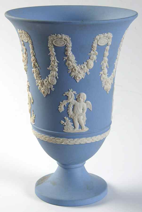 Cream Color on Lavender (Pale Blue) Jasperware 7" Arcadian Vase by Wedgwood-1