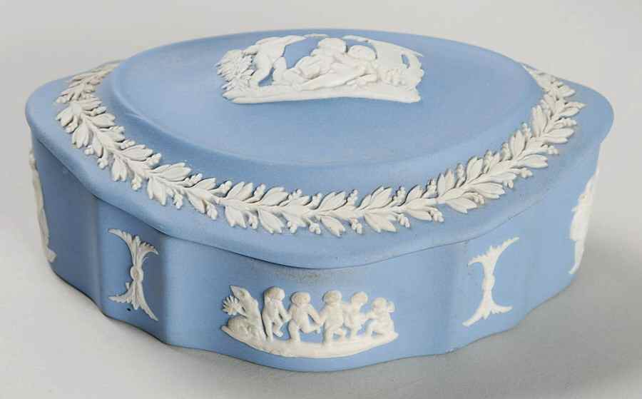 Cream Color on Lavender (Pale Blue) Jasperware Silver/Candy Box & Lid by Wedgwood-1