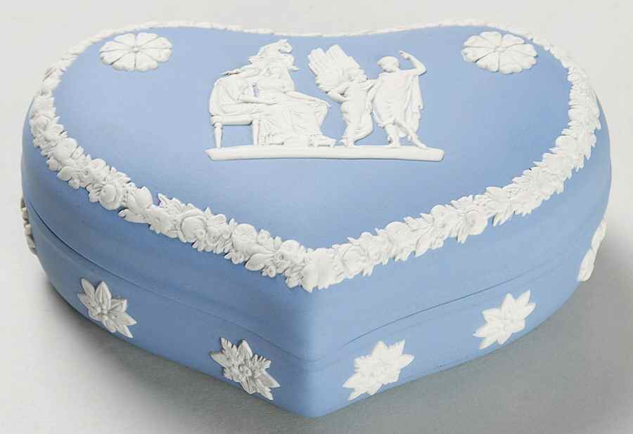 Cream Color on Lavender (Pale Blue) Jasperware 5" Heart Shape Box & Lid by Wedgwood-1