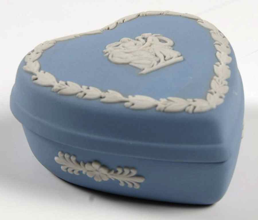 Cream Color on Lavender (Pale Blue) Jasperware 2" Heart Shape Box & Lid by Wedgwood-1