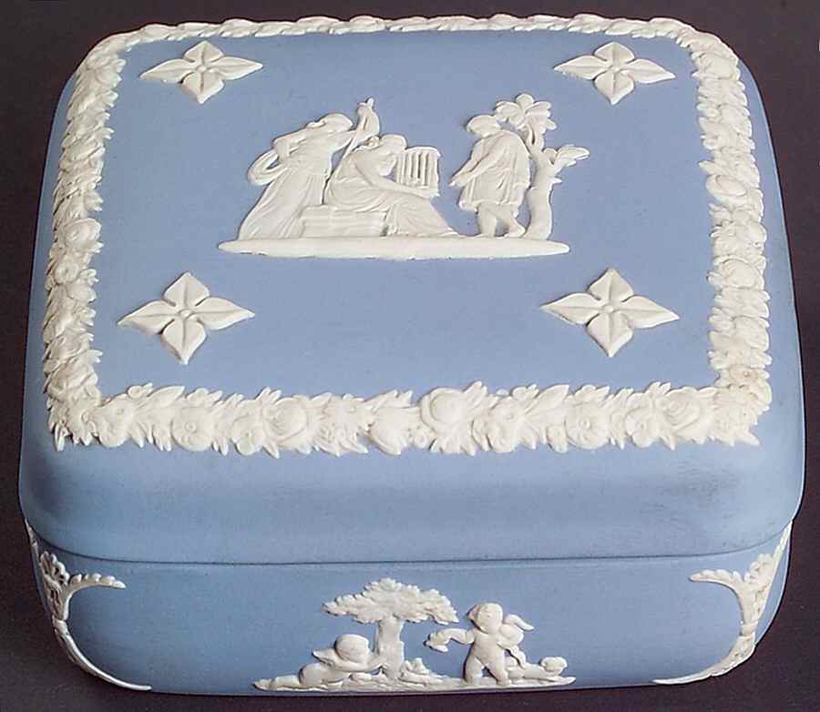 Cream Color on Lavender (Pale Blue) Jasperware Square Box with Lid by Wedgwood-1
