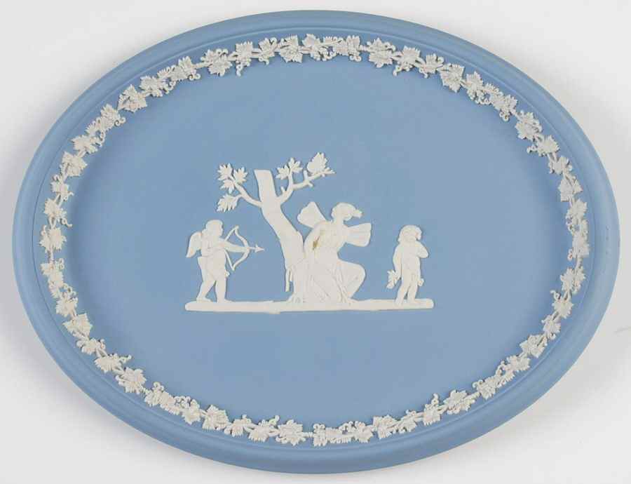 Cream Color on Lavender (Pale Blue) Jasperware 10" Oval Tray by Wedgwood-1