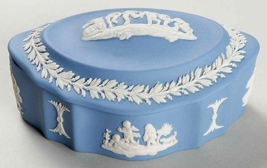 Cream Color on Lavender (Pale Blue) Jasperware Silver/Candy Box & Lid by Wedgwood-1